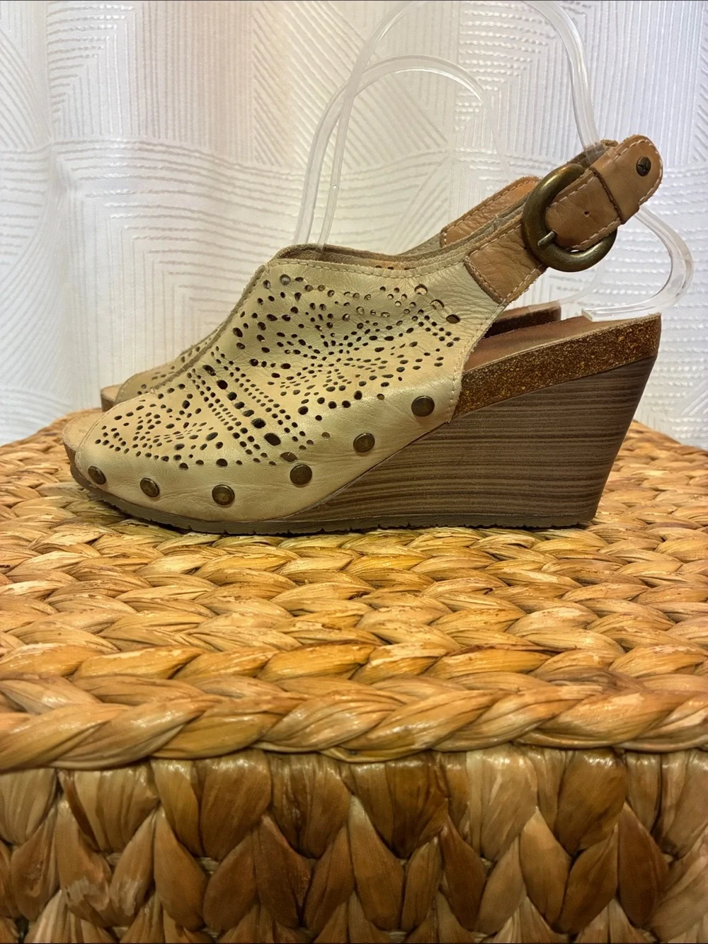 PIKOLINOS Tan Perforated Leather Wedge Sandals